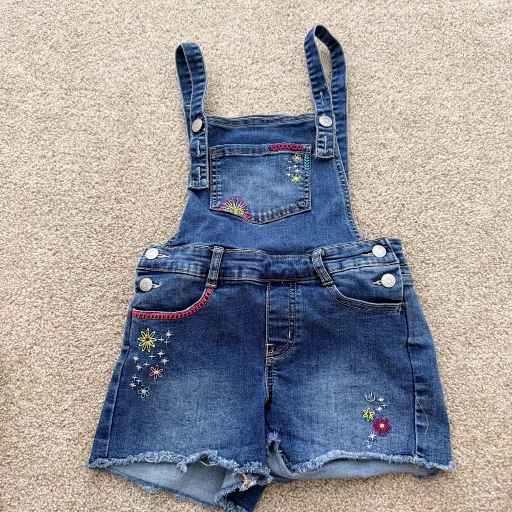 Cat & Jack Shortall Overalls Kids Size S 6/6X Blue Denim Embroidered Floral Sun